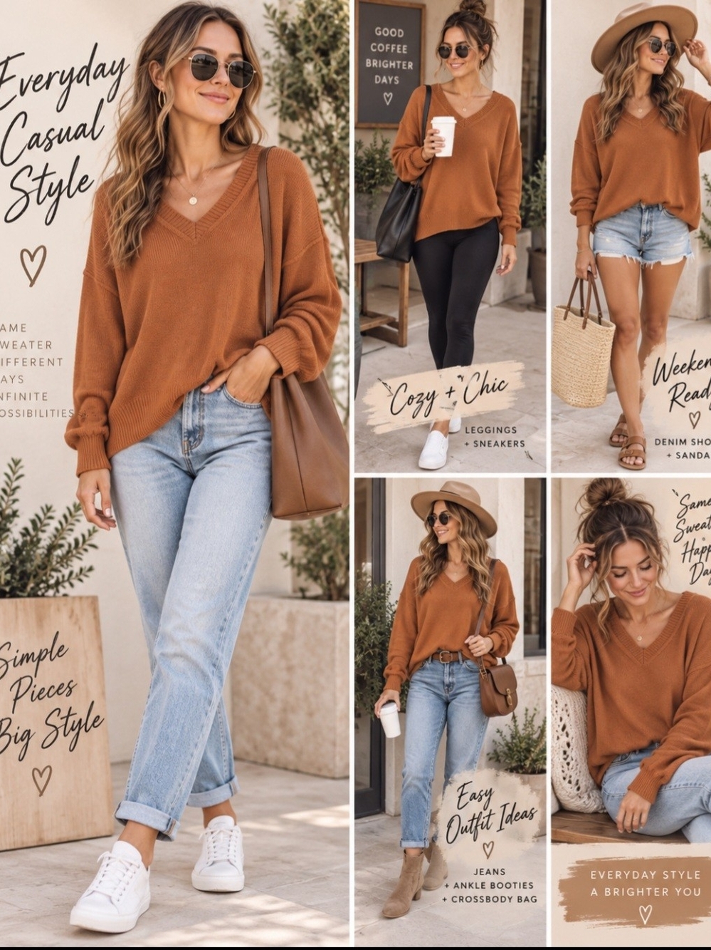 *V-Neck Relaxed Fit Sweater - Rust Brown Pit 25